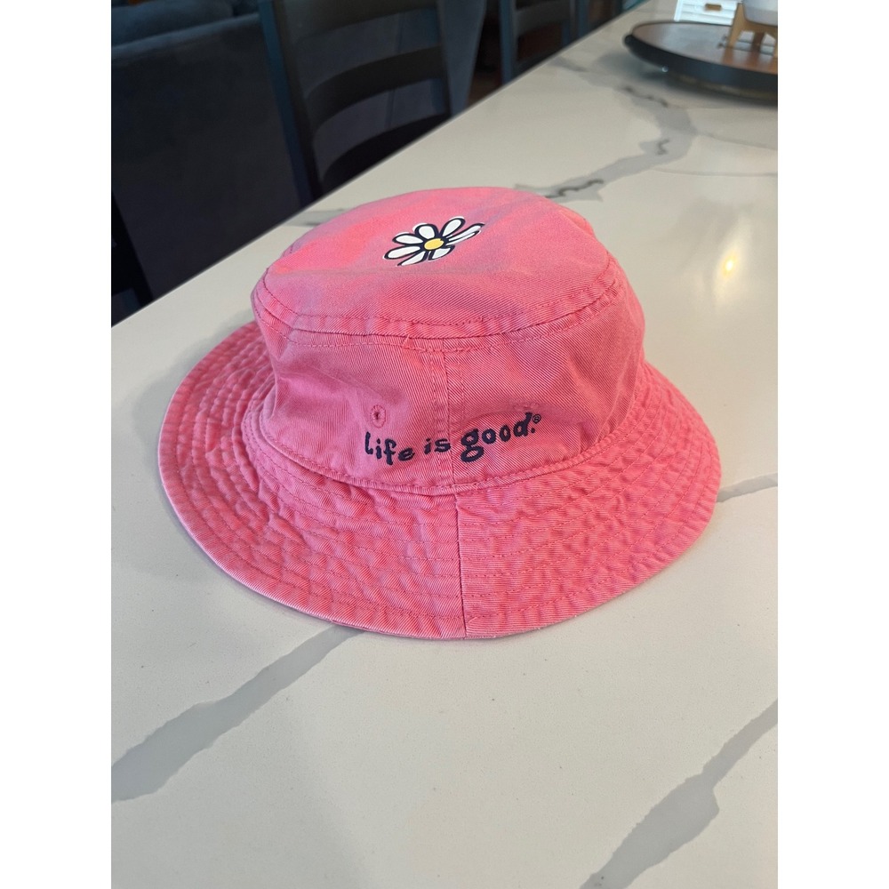 Life is Good Pink Daisy Cotton Bucket Hat‎ Size 4-7Y Sun Hat Flower Embroidery